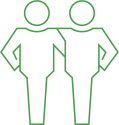 line image of two non-gendered people side-hugging